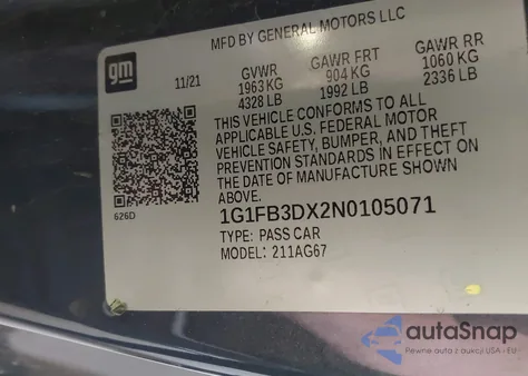 2022 Chevrolet Camaro Rwd 1Lt from USA, damaged, VIN 1G1FB3DX2N0105071